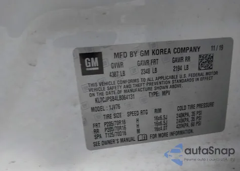 2020 Chevrolet Trax Awd Lt z USA, uszkodzony, nr VIN KL7CJPSB4LB064131